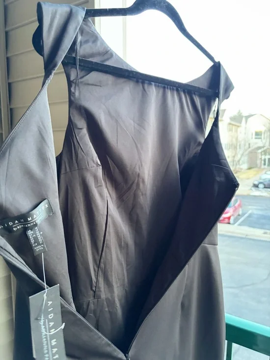 🆕✨ Aidan Mattox Adrianna Papell Black Satin Sheath Dress Midi Size 16 Classic - Picture 14 of 17